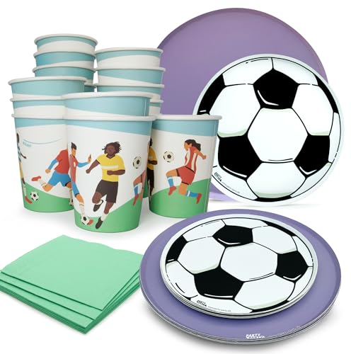 PARTY PARTY 68 Teile Fußball Party Set Lila 16 Gäste, EM PARTYGESCHIRR Partybecher, Pappteller, Fußball Partyteller, Servietten, Fußballparty Geburtstag Fußball Deko Jungen Mädchen