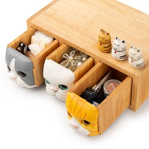 CopesFuda Kitty Charm Jewelry & Makeup Organizer - Press to Open Cat Themed Storage Box with 3 Drawers for Jewelry, Cosmetics, Watches - Compact Size, Interessantes Geschenk für Frauen und Mädchen