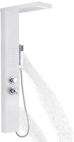 TANYEAR Panel de ducha de lluvia Sistema de ducha de masaje, acero inoxidable, grifo de ducha con ducha de mano, juego de ducha cascada para ducha, baño, color blanco