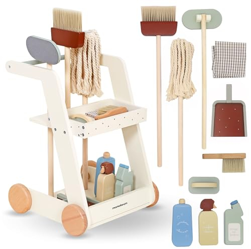 Mamabrum 3-in-1 Holz-Putzwagen für Kinder 3+ – Lauflernwagen, Reinigungsset und Rollenspielzeug, Pädagogisches Spielzeug, Fördert kreatives Spiel