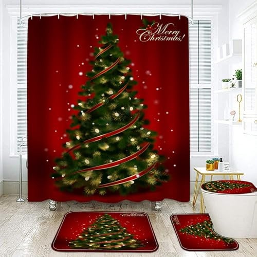 NEWSUYAA Christmas Shower Curtain Bathroom Decorations Sets, 4 PCS Cute Snowman Xmas Holiday Bath Decor with Toilet Seat Cover Rugs Mats and Hooks, Santa Theme Tub Room Décor (CA2)
