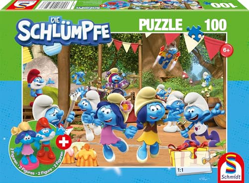 Schmidt Spiele 56523 Die Schlümpfe, Verschlumpfte Party, 100 Teile Kinderpuzzle, inklusive 2 Figuren