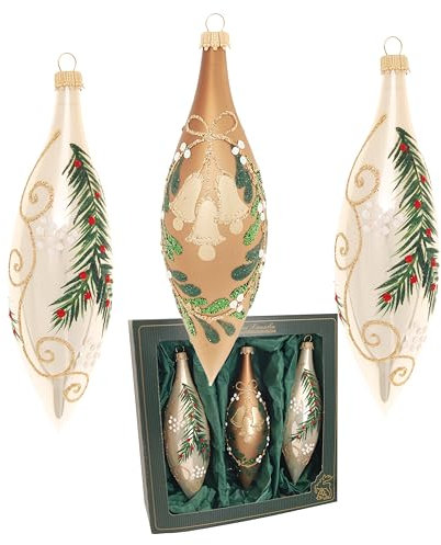 Krebs Glas Lauscha - Weihnachtsdekoration/Christbaumschmuck aus Glas - Xmas Forest Oliven - Farbe: Gold - Menge: 3 Stück - Größe: ca. 15 cm