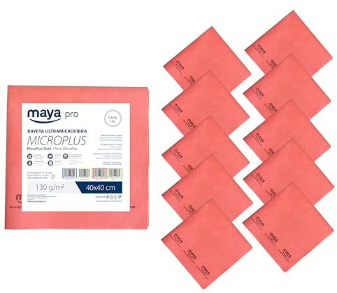 Maya Bayeta MICROPLUS. Especial para Vajillas y Cristales. No Deja Marcas. Muy Absorbente y de Secado Rápido. 100% Microfibra. Pack de 10 Unidades (Rojo)