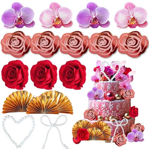 17 PCS Pearl Heart Cake Topper Decoration Bow Rose Flowers Heart-Shaped Romantic Cake Decoration Set for Birthdays Bridal Anniversaries Weddings Party Cake Decorative Supplies