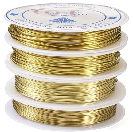 Spritewelry 4 rollos de cables redondos de cobre de 0,5 mm, 0,6 mm, 0,8 mm, 1 mm, alambre de latón para abalorios para pulseras, collares, joyas, color dorado