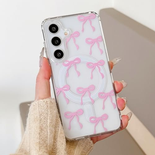 UEEBAI Magnetisch Hülle für Samsung Galaxy S22 5G, Niedliche Silikon Tansparent Handyhülle mit Schleife Kabelloses Laden, Weiche Bumper Cover Case Schutzhülle für Frauen Mädchen, Rosa