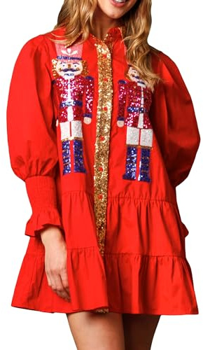 Fiacafyo Womens Sequin Nutcracker Christmas Dress Long Sleeve Button Down Tiered Dress Sparkly Glitter Ruffle Loose Shirt Dress