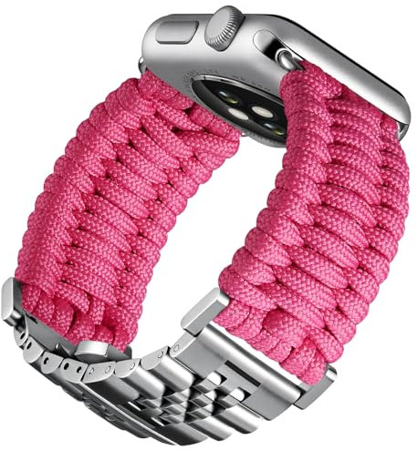 BINLUN Compatibile con Apple Watch Cinturino 42mm 41mm 40mm 38mm Cinturini Sportivo Intrecciato 550 Paracord Acciaio Compatibile con iWatch Serie 10/9/8/7/SE2/SE/6/5/4/3/2/1(Rosa Scuro Argento)