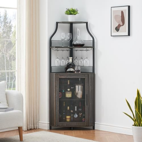 dainslef Eck-Weinbar-Schrank mit abnehmbarem Weinregal, Barschrank mit Glashalter, kleinem Sideboard und Buffetschrank mit Netztür (dunkle rustikale Eiche)