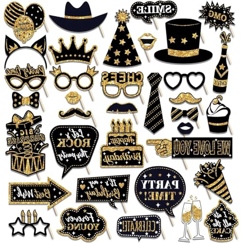 BOBOZHONG 36 Pezzi Accessori Fotobox Feste, Decorazioni Autoscatto Tema Oro e Nero con Bastoncini e Adesivi per Compleanno, Matrimonio, Natale, Halloween, Laurea – Kit Foto Divertenti per Party