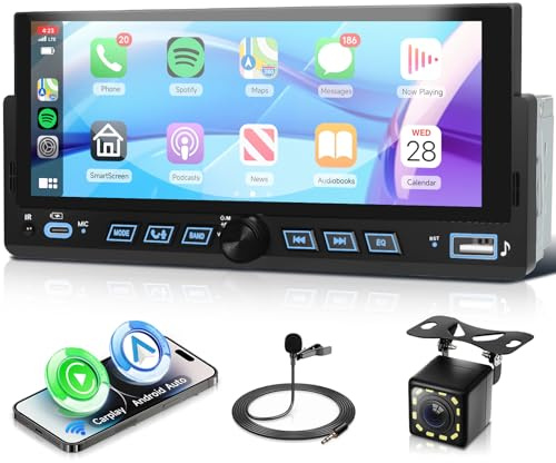 VECHTEL Autoradio 1 Din con Carplay Android Auto senza Fili, 6,86'' LED HD Schermo Tattile Stereo Auto Bluetooth, Supporto Radio FM Mirror Link USB/Type-C Comandi al Volante Telecomando Telecamera