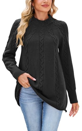 Famulily Black Jumper for Women UK Mock Neck Cable Sweaters Long Sleeve Chunky Knit Ladies Pullover (M, Black)