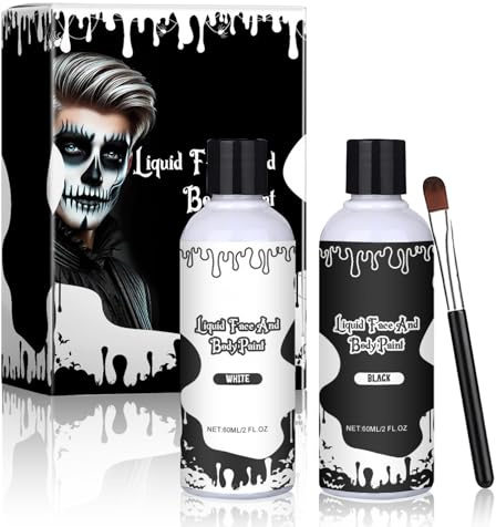 Schwarz und White Foundation Bodypainting Farben Set – 60 ml x 2 Flaschen + Pinsel, Face Paint für Erwachsene für Theaterschminke, Halloween, Karneval, Party Make-up – Schnelltrocknend, Hohe Deckkraft