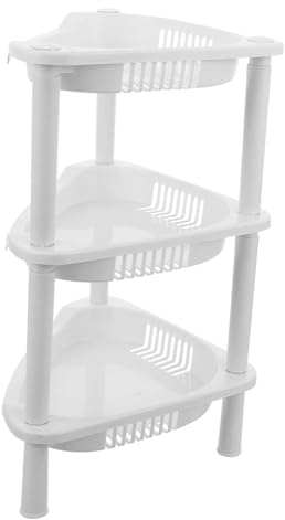 3-schichtiges Weißes Kunststoff Eckregal, Stehendes Standregal für Küche und Bad, ohne Montage, Ablagefächer und Aufbewahrungslösung, 34 * 28 * 21cm