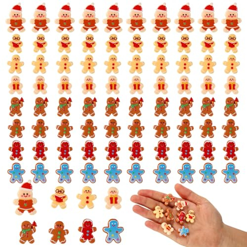 80 Stück Mini Lebkuchenmann Ornament, Miniatur Lebkuchenmann Dekorationen aus Harz kleines Weihnachts DIY Handwerk Winzige Flache Harzverzierung für Weihnachtsfeier Dekor (8 Stile)