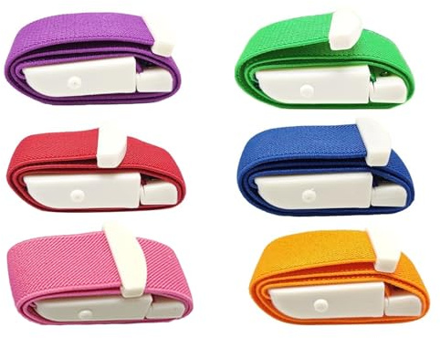 Juego de 6 tubos de recogida de sangre, torniquete para primeros auxilios, banda elástica con hebilla, cierre rápido para práctica y exteriores (rojo, naranja, rosa, verde, morado, azul)