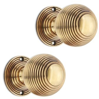 LYRA Set of Antique Reeded Beehive Design Rim Mortice 60mm Door Knobs Aged Brass Finish – Round Ribbed Pull Handles Set for Internal and External Door