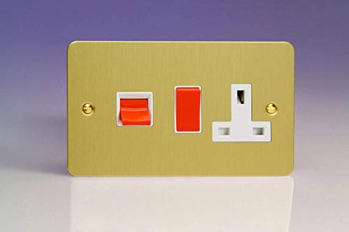 XFB45PW Varilight Ultra Flat Plate Brushed Brass 45A Cooker Switch & 13A Plug Socket White Insert