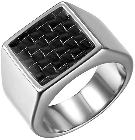 JewelryWe Kariert Ring Siegelring Herren: Silber Edelstahl Herren-Ring Plaid Quadrat Fingerringe mit Kohlenstoff Faser Kohlefaser 14,5mm Breit Poliert Ring Band Männer Motorradfahrer Schmuck Größe 59
