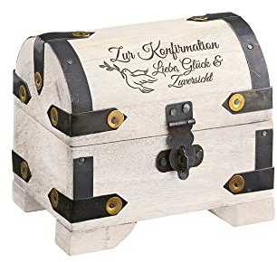 Casa Vivente Kleine Schatztruhe mit Gravur zur Konfirmation, Motiv Taube, Vintage Bauernkasse – Weißes Holz, Messing-Beschläge, Verpackung für Geldgeschenke, Geschenkideen für Konfirmanden