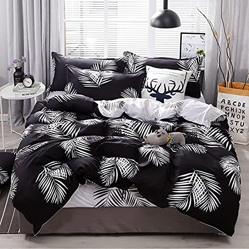 FANSU Bettwäsche 135x200 Mikrofaser 2 Teilig, Schwarz Weiß Reversibel Ahornblatt Botanisch Muster Kinder Bettwäsche Set- Superweiches Bettbezug mit Reißverschluss und 1 Kissenbezug 50x75cm