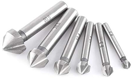 HSS Countersink Cutter Bits, 6.3mm/8.3mm/10.4mm/12.4mm/16.5mm/20.5mm 3-Flute Round Shank Countersink Cutter Bit Chamfering Tool 6pcs/set