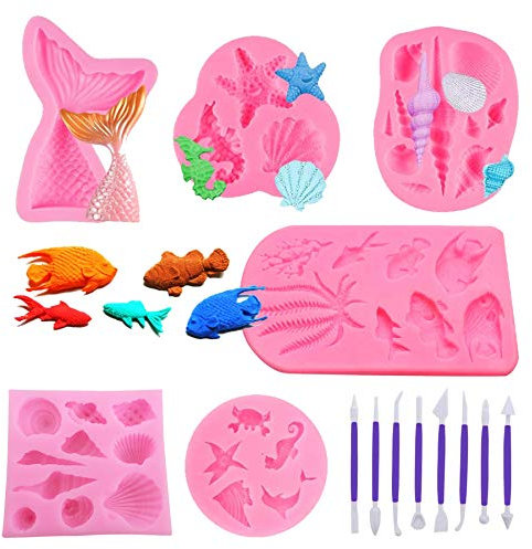 Woohome 12 PCS Moule Silicone Sirène et Coquillage pour Fondant, Biscuits, Gelée, Savon, Glaçon et Décoration de Gâteau