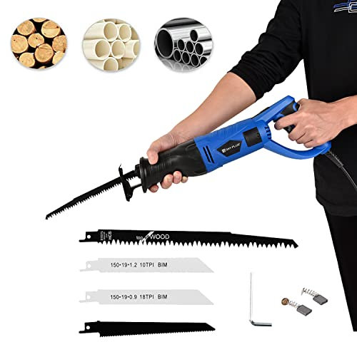 Sierra de sable eléctrica, mango giratorio ergonómico, 850 W, sierra eléctrica con 4 hojas de sierra, luz LED, ideal para cortar madera y metal y aluminio, profundidad de corte máx. 160 mm