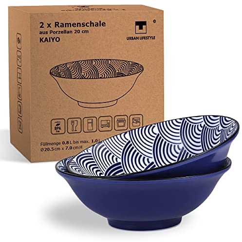 Urban Lifestyle Lot de 2 bols à ramen en porcelaine de 20 cm avec motif vague bleu et blanc japonais « Kaiyo » - Capacité jusqu'à 900 ml