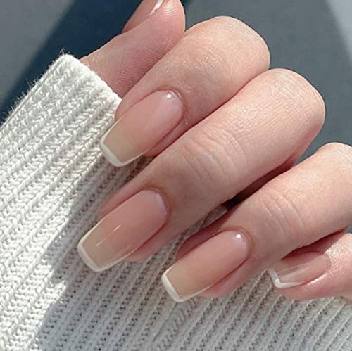 Brishow Square False Nails French Short Fake Nails Beige Press on Nails Ballerina Acrylic Stick on Nails 24pcs for Women and Girls