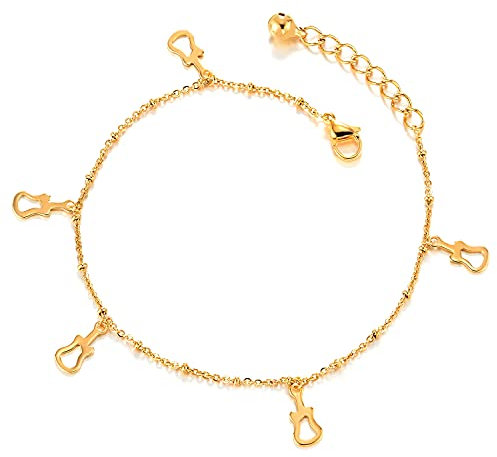 COOLSTEELANDBEYOND Acier Inoxydable Or Femme Bracelets de Cheville avec Guitare Charms et Grelot