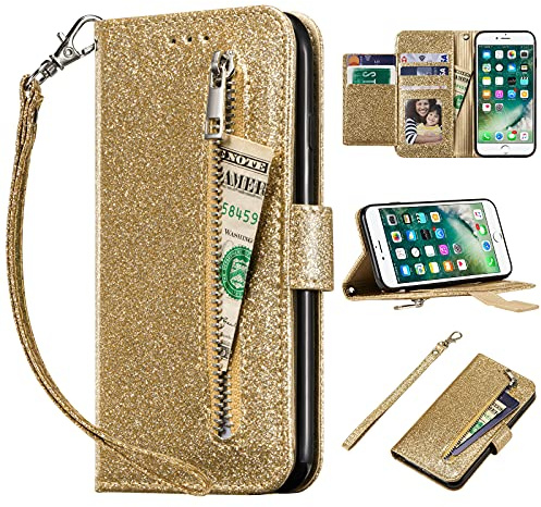 EYZUTAK Wallet Case for iPhone SE(5G) 2022 iPhone 7 iPhone 8 iPhone SE 2020, 5 Card Slots Glitter Bling PU Leather Magnetic Closure Kickstand Zipper Purse Pocket Handbag with Wrist Strap - Gold#1