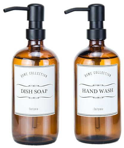 Prefdo 2 Pack 16 Oz/475ml Amber Glass Soap Dispenser w/Stainless Steel Pump, Bathroom Lotion Bottles Set with 12PCS Waterproof Labels, for Hand Soap, Dish Soap, Shampoo and Conditioner (Amber)