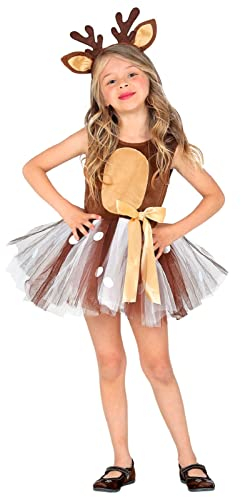 Mädchen Kostüm Reh Kleid mit Tüllrock Geweih Haarreifen mit Ohren Rehkitz Bambi Rentier Hirsch, Größe:110-3 bis 4 Jahre