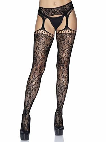 Leg Avenue Women's Lace Top Fishnet Stockings With Attached Garter Belt Tights, Black, One Size US