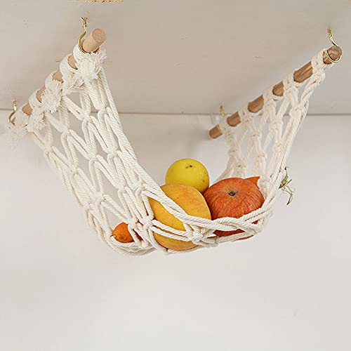 Obst Hängematte Makramee, Böhmische Obstkorb Hängematte Unterschrank Hängenetz mit Holzstabhaken Hängende Obsthängematte für Obst Gemüse Obst Halter Geflochten Baumwollseil Obstschale-30cmx50cm