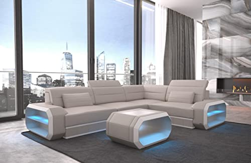 Ecksofa Verona Ledersofa L Form Sofa - mit LED Beleuchtung, verstellbare Kopfstützen/Lederfarben wählbar/Ausrichtung wählbar (Ecke rechts, Beige-Weiß)