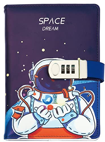 NectaRoy Carnet de Note A5 Journal Intime avec Code (conception d'astronaute de l'espace), Cuir PU écriture Carnet avec Serrur, Bureau Scolaires Étudiant Papeterie cadeau d'anniversaire, 210x145mm