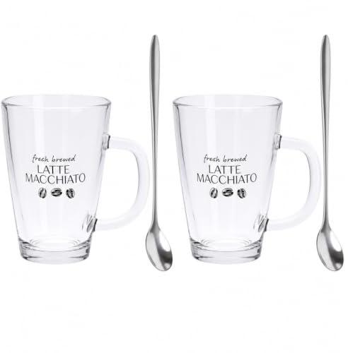 MIJOMA 2-pack latte macchiato-glas med handtag och 2 skedar i rostfritt stål