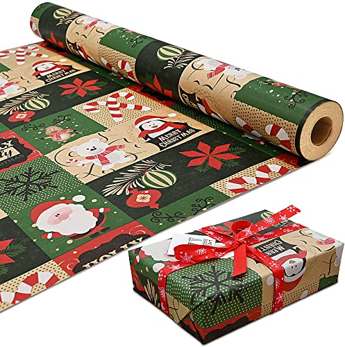 DOJoykey Rouleau de Papier d'Emballage de Noël - 43 cm x 15 m, Papier Kraft Imprimé Avec Motif, Recyclable pour Emballage Cadeau de Fête