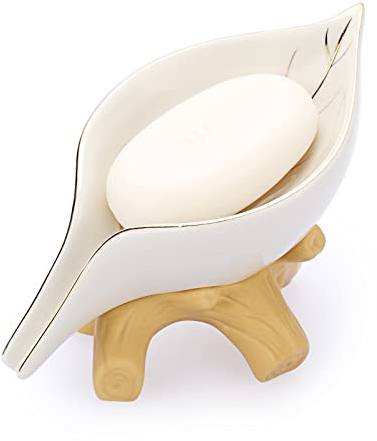SUMTree Porte-savon en céramique auto-drainant, boîte de savon en forme de feuille pour la maison, la salle de bain, la cuisine, l'évier, la baignoire, le restaurant pour garder le savon sec, blanc