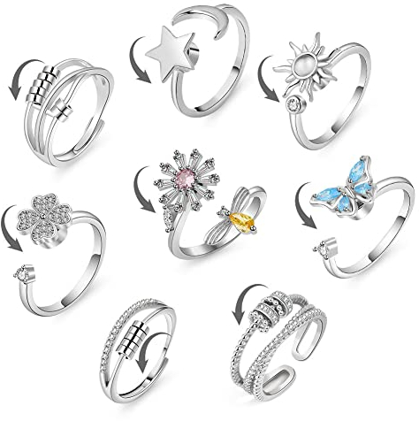 Aucuu 8 Stück Angst Spinning Ringe für Damen, Kupfer-versilbert Damenringe, Offener Ringe Fidget Spinner Ringe, Zirkonia Zappelringe, Verstellbare Stapelbare für Stress Abbauen