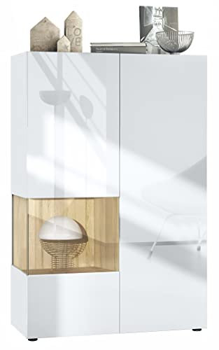 Vladon Vitrine Morena V2, Made in Germany, Standvitrine mit 2 Türen und Glaseinsatz, Korpus Weiß matt, Fronten Weiß Hochglanz, Cube Eiche Natur (91,5 x 136,5 x 37 cm)