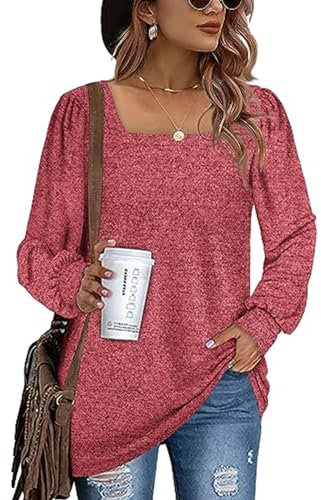 FANGJIN Longpullover für Damen Ausschnitt Neck Basic Langarmshirt Gym Oberteil Casual Activewear-Shirts Nettes Running Top T-Shirt Großes Hemd mit Rundhalsausschnitt rot S