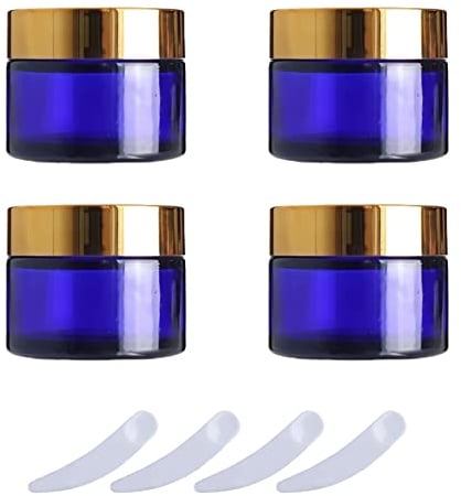 LusDoly Pack of 4, 50ml Blue glass Cream Jars Cosmetic Pots with Gold Lids Containers for Toiletries Facial Mask Jar, Makeup Beauty Products Travel Bottles