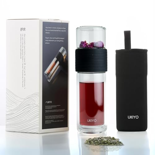 Ukiyo Sense Premium Double-Wall Glass Tea & Fruit Infuser Bottle - Travel Tumbler with Stainless Steel Filter and Neoprene Sleeve
