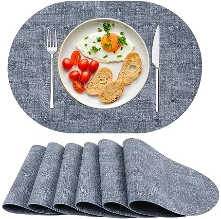Platzsets Abwaschbar Tischsets 6er Set PU-Leder, Hitzebeständig, rutschfest, Platzset für Esstisch, Küche Oval Blau