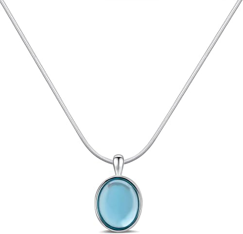 Teppdfann Aquamarine Necklace for Women, Silver Oval Birthstone Pendant