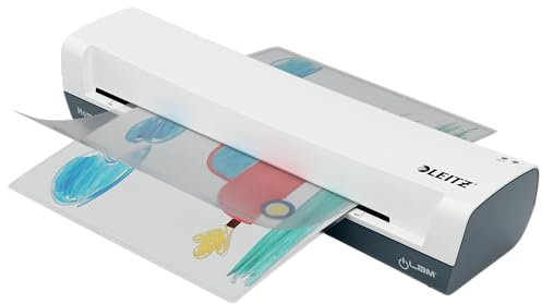 Leitz iLAM Home A3 Laminiergerät, Für 75 bis 125 mic Laminierfolien, 3 Minuten Aufwärmzeit, Inkl. Starterkit mit Folien, Ideal für den Einsatz Zuhause, Home Office & Schule, Weiß, 74320001